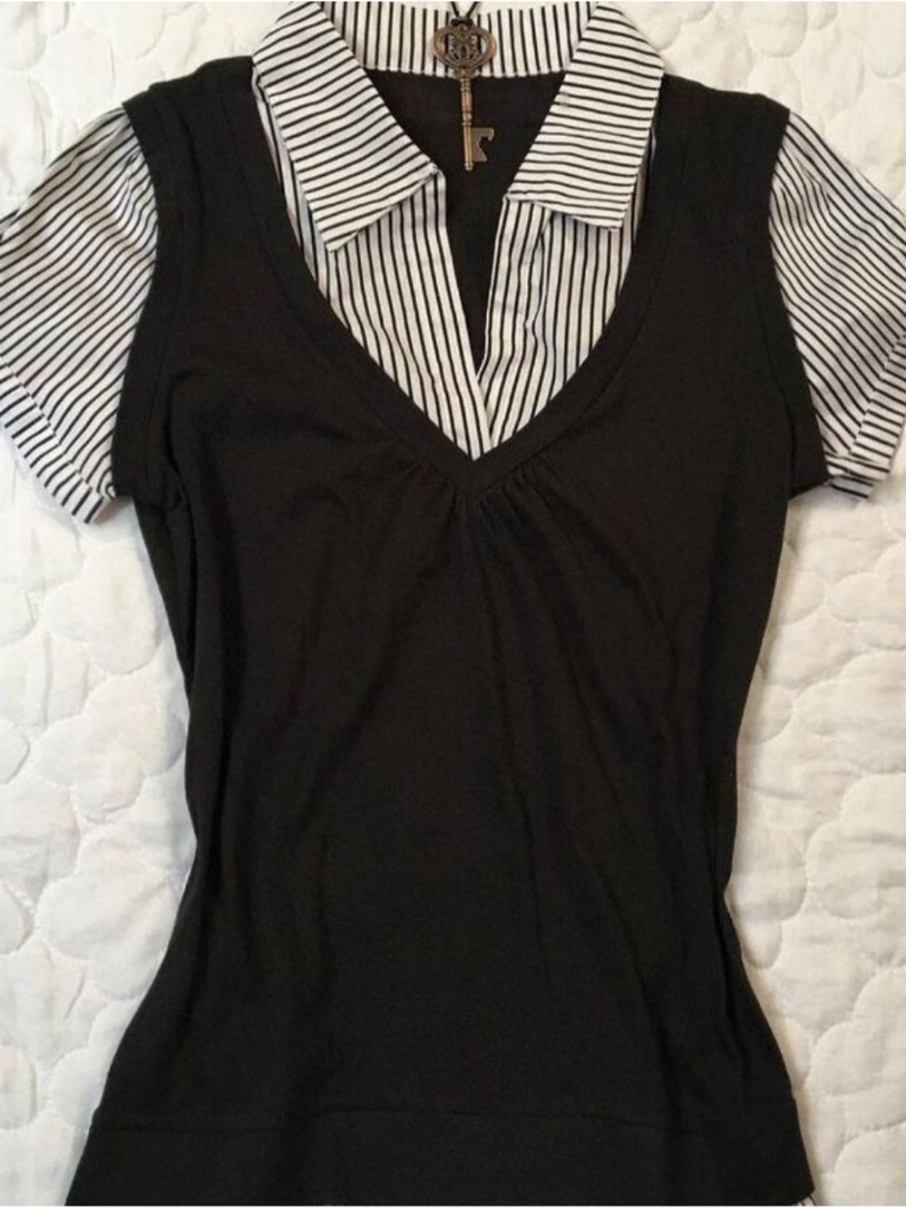 Black Layered V-Neck Short Sleeve Tee with Striped Collar